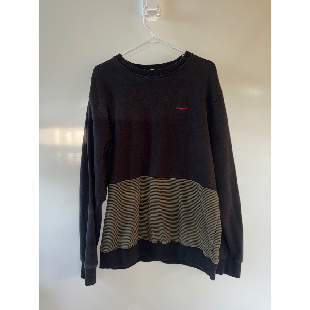 Volcom Mens XL Crewneck Sweatshirt Black Olive Green Striped Fleece Pullover
